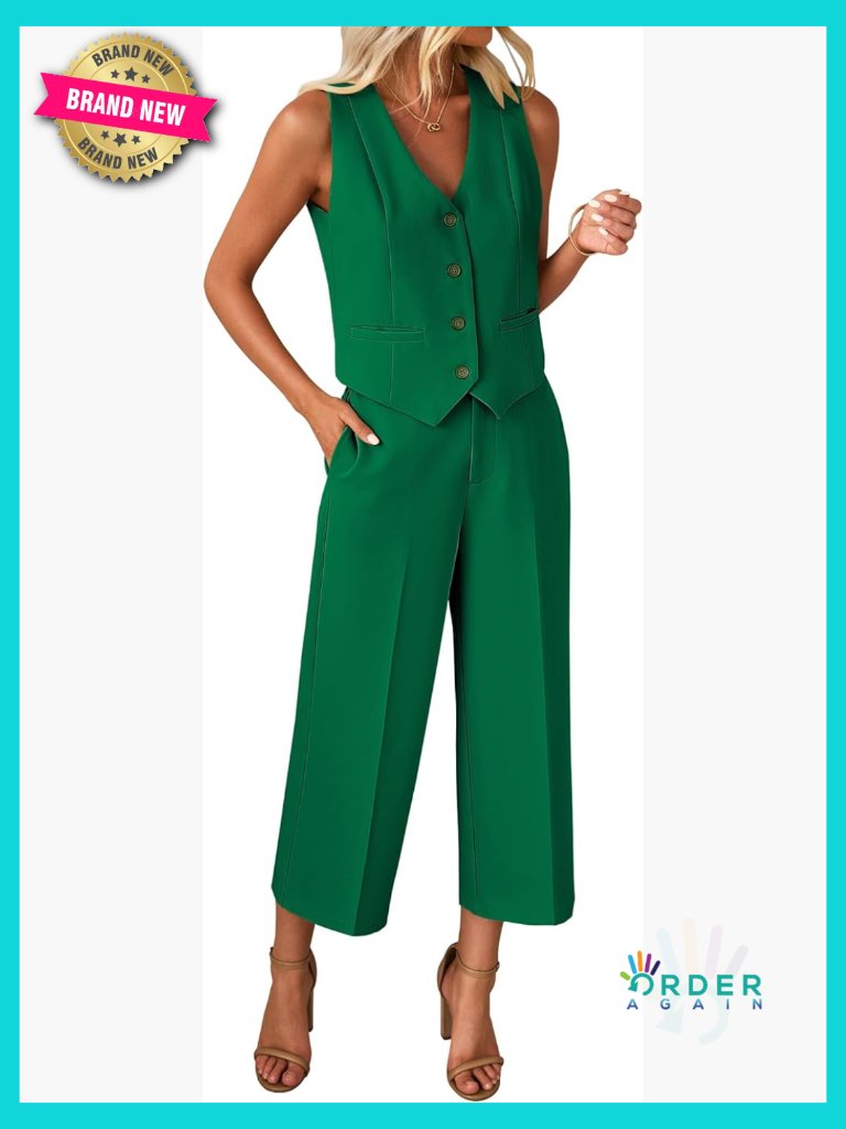 2 Piece Pant Set Sleeveless Blazer Vest Wide Leg Capri Pants Work Outfit Dressy